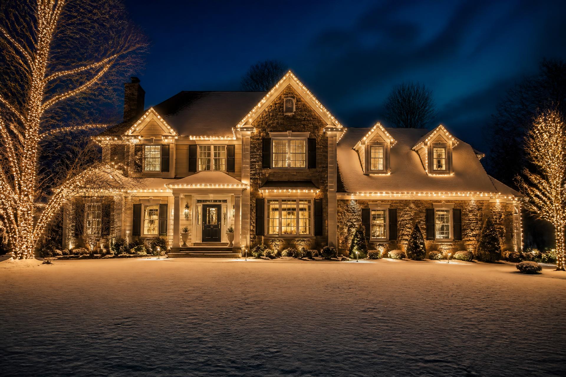 Large home outlined in warm white holiday lights on a snowy winter night