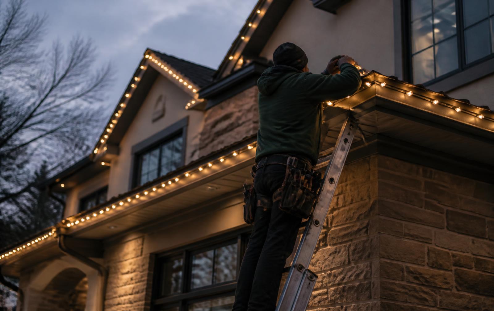 Installer fastening holiday lights along a roofline at dusk