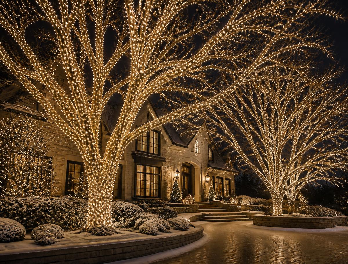 Front yard trees wrapped in warm white lights at night